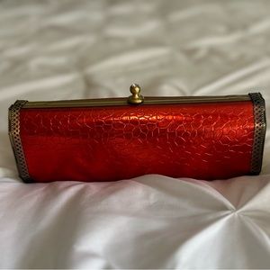 Vintage Red and Gold Metallic Faux Alligator clutch/ optional shoulder strap.